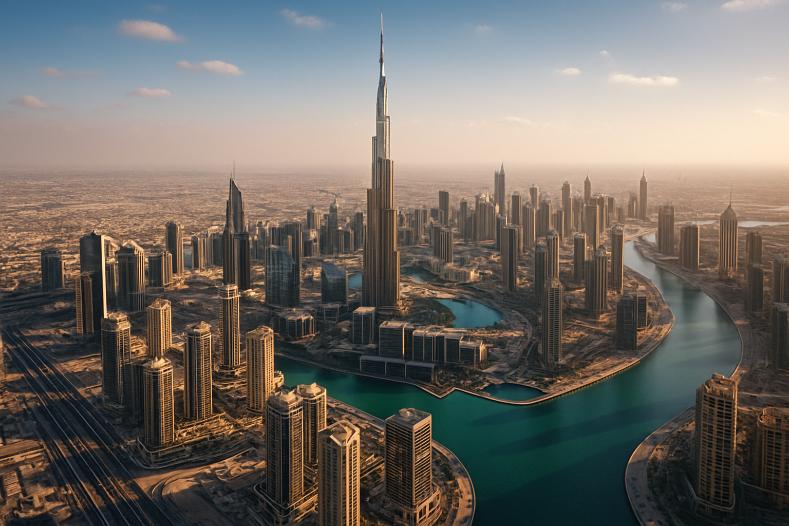 Aerial view of Burj Khalifa and Dubai skyline