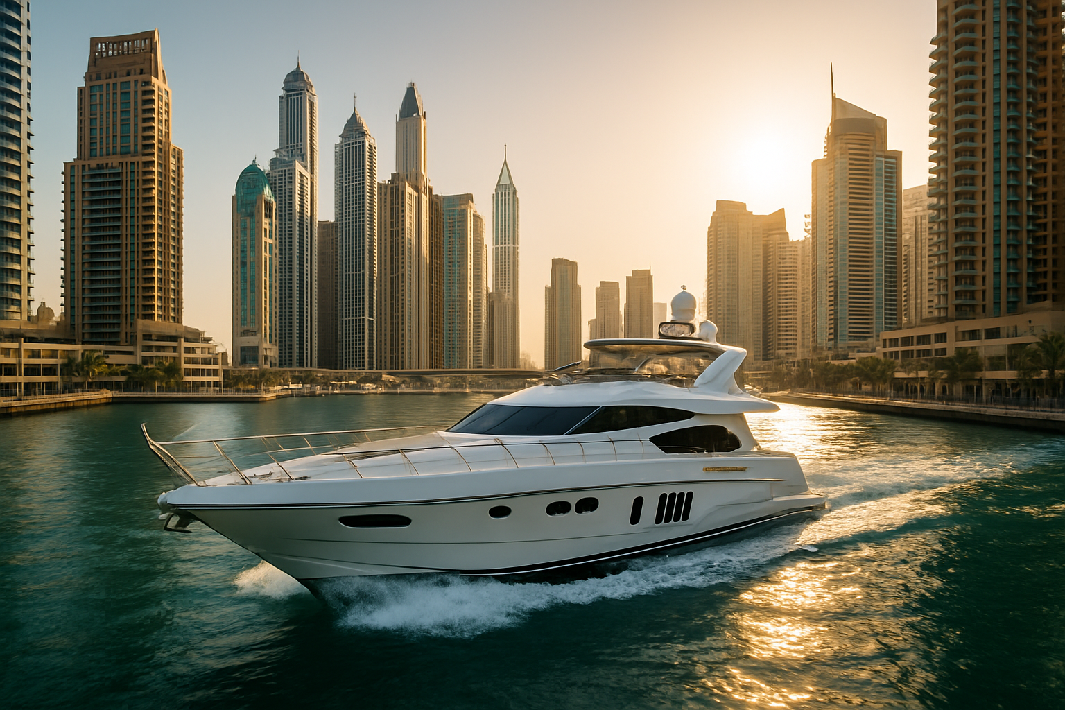 Luxury yacht cruising on Dubai Marina